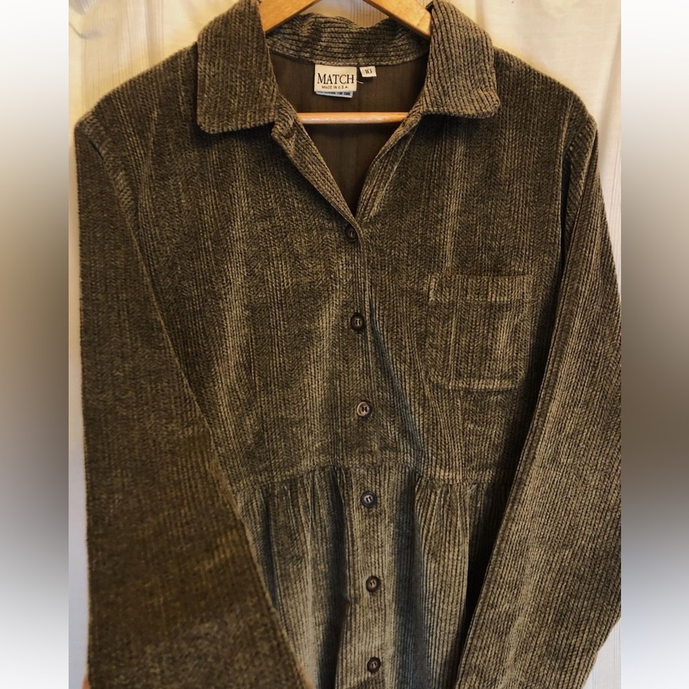 MATCH Vintage Green Corduroy Button-Down Dress Women’s Casual Retro Shirt Dress - Picture 3 of 6